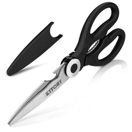 Kitory Kitchen Scissors, Universal Scissors, Household Scissors with Saw Cut, 3CR13 Stainless Steel, Black, 21 cm, with Safety Cover, Plastic Handle