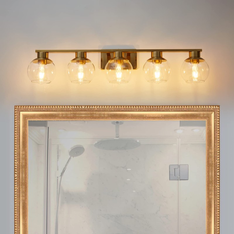 PAZALA Brushed Brass Bathroom Light Fixtures Over Mirror 5-Lights Vanity