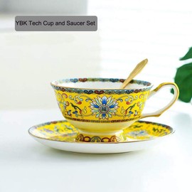 YBK Tech Cup& Saucer Set Bone China Tea Coffee Cup for Breakfast Afternoon Tea- Classic Enamel Patterns (Yellow)
