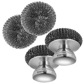 2Pack Stainless Steel Scrubber with 2 Replacement Wire Pads, Steel Wool Scrubber with Stainless Steel Handle, for Cleaning Dishes, Cast Iron, Stock Pots, Pans, Griddles, Grills