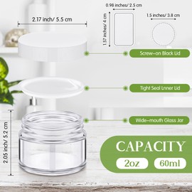 Layhit 60 Pcs 2 oz Amber/Clear/Blue//Green Frosted Glass Jars with Lids Empty Cosmetic Jars with Inner Liners White Labels for Storing Lotions Powders Ointments Candle Making (Clear, White)