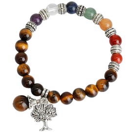 Nupuyai Tree of Life Healing Crystal Bracelet for Women Men, Chakra Stretch 8mm Bead Bracelet for Unisex Tiger’s Eye