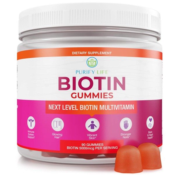 Anti Aging Biotin Gummies for Hair Growth, Skin, and Stronger Nails |Bulk - 90 Gummies| Pectin-Based Multivitamin Supplement for Men and Women with Vitamin A, B6, B12, C, D6, E, Zinc - 5000 Mcg