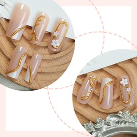 24Pcs Flower Press on Nails Long Coffin Fake Nails with 3D Gold French Line Designs White French False Nails Rhinestone Stick on Nails Summer Acrylic Nails Kit Glossy Nude Glue on Nails for Women