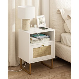 Masupu Rattan Nightstand with Charging Station,Modern Boho Farmhouse Wood Bedside Table with Storage Drawer and Open Shelf,Small Gold Frame Side End Table for Bedroom,Living Room,Office White