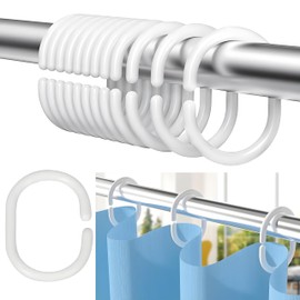 Shower Curtain Rings, Pack of 12, Plastic Shower Curtain Hooks, White Curtain Hanging Rings, Shower Curtain Rings in C Shape for Shower Window Rod, Shower Curtain Holder, Suitable for Most Shower
