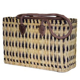 Seagrass Shopping Basket, Braided Bag with Leather Handle, Medium Size with Long Handle, Blue, Dimensions: 40 x 15 x 26 cm