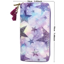 Timlee Girls Purple Star Zipper Wallet Long Clutch Bag PU Leather Purse Christmas Gift(Purple Star 0828)
