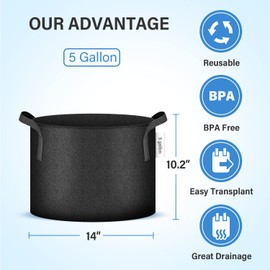 iPower 5 Gallon Grow Bags Nonwoven Fabric Pots Aeration Container with Strap Handles for Garden and Planting, 10-Pack Black