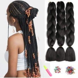 ShowJarlly Ombre Jumbo Braids, Hair Braiding, Hair Kanekalon, Synthetic Hair Extensions, 60 cm, 300 g / 3 Pieces Natural Black
