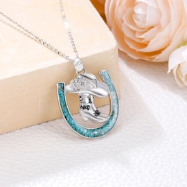YYmqmq Cowboy Boot Necklace 925 Sterling Silver Turquoise Horseshoe Pendant Western Necklace Horse Jewelry Gifts for Women Cowboy Cowgirl