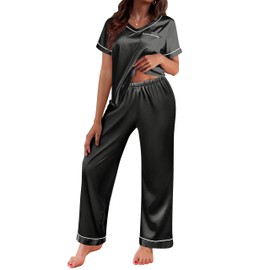 Ekouaer Women Sleepwear Long Pant Pajama Set Soft Pajama Satin Pjs Loungewear Two Piece Short Sleeve Pj Set Black M