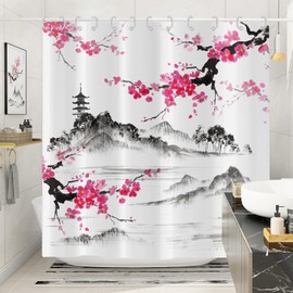 Hnmdmyi Cherry Blossom Shower Curtain 180x200, Asian Japanese Style Pink Flower Shower Curtains Watercolor Mountain Art Bathroom Curtains Waterproof Polyester Fabric Washable Bath Curtains with Hooks