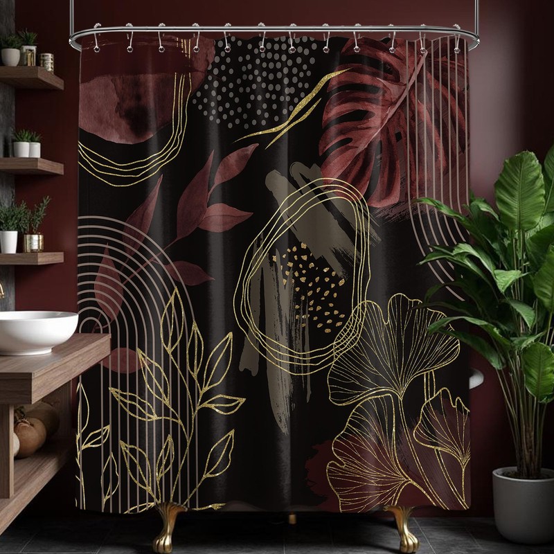 soeeao Black and Dark Red Shower Curtain Boho Mid Century