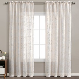 Gold and White Sheer Curtains for Bedroom, Metallic Gold Foil Sparkle Sheer Curtains 63 Inch Length, Rod Pocket Privacy Glitter Gold Sheer Curtains, 52 x 63 Inch, 2 Panels, Gold White