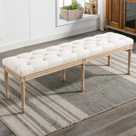 LUE BONA 60" Bedroom Bench, Vintage French Tufted End of Bed Bench, Upholstered Fabric Ottoman Bench with Carved Wood Legs for Bedroom,Dining Bench Piano Stool for Living Room,Foyer, Beige