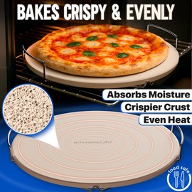 KitchenStar 16-inch Pizza Stone for Oven and BBQ Grill with Handles, Round, 5/8" Thick - Natural Cordierite, 1800 °F Resistant, Baking Stone Set with Stainless Steel Rack & Plastic Scraper Tool