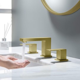 KIBI 2-Handle Cube Bathroom Sink Faucet with Drain Assembly | 3-Hole Installation, Solid Brass Construction | 8-Inch Wide Spread Lavatory Faucet | Brushed Gold Finish, KBF1024