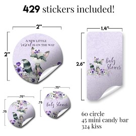 Little Rascal Cute Raccoon Girl Baby Shower Sticker Bundle Kit - 429 pieces!!! Includes 60 2" Circle Stickers for Favors & Goodie Bags, 45 Mini Candy Bar Wrappers & 324 Round Candy Kiss Stickers by