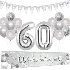 Cheereveal Diamond Wedding Decoration, 60 Ruby Wedding Yard Banner, Silver Number 60 Foil Balloons, Pennant Flag, Happy 60th Wedding Anniversary, Diamond Wedding Party Supplies Decoration for Couple
