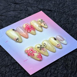 100% Handmade Press on Nails Medium Almond Handmade Nails with Rhinestone Pink Flower Charm Design Beige False Nails White French Tip Nail Press ons Reusable Summer Fake Nails for Women Size M 10Pcs