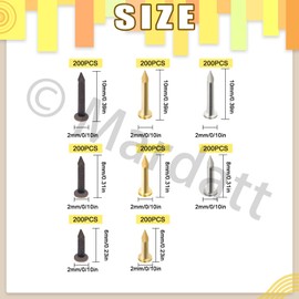 Mardatt 1600Pcs 3 Sizes Small Tiny Nails Assortment Kit, 1x6mm, 1x8mm 1x10mm Tiny Wooden Nails Hardware Tiny Nails Assorted Wall Nails Set for Pictures Hanging Woodworking Gold Bronze Silver