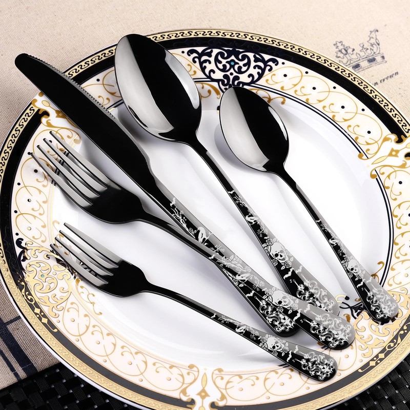 40-Piece Black Skull Silverware Set for 8, Flatware Set Stainless