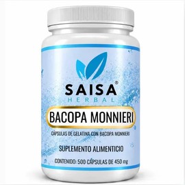 Bacopa Monnieri 450 Mg  500 Cápsulas  Saisa Herbal  Suplemento Cognitivo Natural  Memoria, Enfoque y Claridad Mental  Premium