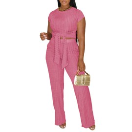 HBQ Women's Summer 2 Piece Outfits Lounge Sets Short Sleeve Belted Crop Tops Wide Leg Pant Sets Casual Tracksuit-Pink-XXL