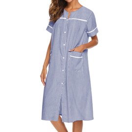 Ekouaer House Dress for Women with Pockets Button Front Duster Housecoat Short Sleeve Nightgown Pajama Dress Plus Size Bathrobe, Blue, Small