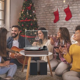 Vintage Record Player for Vinyl with External Speakers Belt-Drive Retro Turntables for Vinyl Records Dual Stereo Speakers LP Vinyl Players 3 Speed Wireless AUX-in Headphone Auto Stop Wood Brown