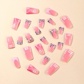 Duck Nails Press on Pink Leopard French Tip Fake Nails With Rhinestones 3D Flowers Design Glossy Full Cover Glue on Nails Duck Feet Style False Nails Acrylic Artificial Stick on Nails for Women 24 Pcs