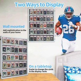 Wooden Sports Card Display Case, Lockable Plexiglas Frame with UV Protection for 35 Graded Football, Baseball, and Basketball Trading Cards, Wall Display Holder for Collectors, White