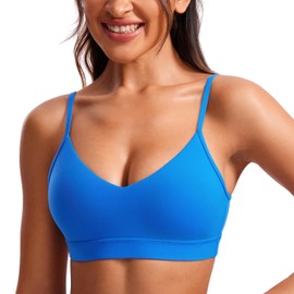 CRZ YOGA Butterluxe V-Neck Sports Bras for Women - Adjustable Thin Straps Padded Yoga Top Basic Wireless Camisole Sparkle Blue X-Small