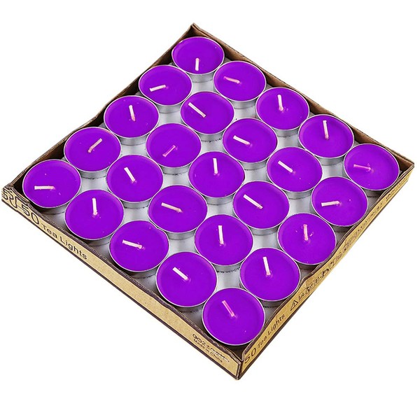 Tea Lights Candles, 50 Pack Flameless Colorful Tealights Holder Variety Relaxing Paraffin Pressed Wax 2 Hours Burn Time for Travel,Centerpiece,Party Gift Happy Birthday New Year Wedding (Purple)