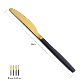 HOMQUEN Dinner Knives 6 Pieces Black And Gold Plating, Sturdy 9" Stainless Steel Modern Design Knife, Knifes Set With Round Edge Dishwasher Safe