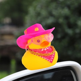wonuu Car Rubber Cowboy Ducks, Yellow Duck Decoration Dashboard with Cowboy Hat Necklace Sunglasses, Gold Spots Pink Cowboy