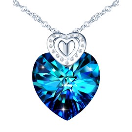 INFINIONLY Heart of the Ocean Crystal Necklace, Women's Heart Ocean blue Crystal Necklace Pendant, 925 Silver, decorative mini heart, Inlaid shiny zircon, With 45cm water wave chain