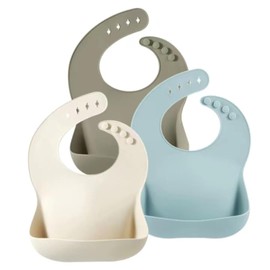 PandaEar Set of 3 Silicone Baby Bibs Waterproof, Soft, Unisex, 10-72 Months (Blue/Sage/Beige)