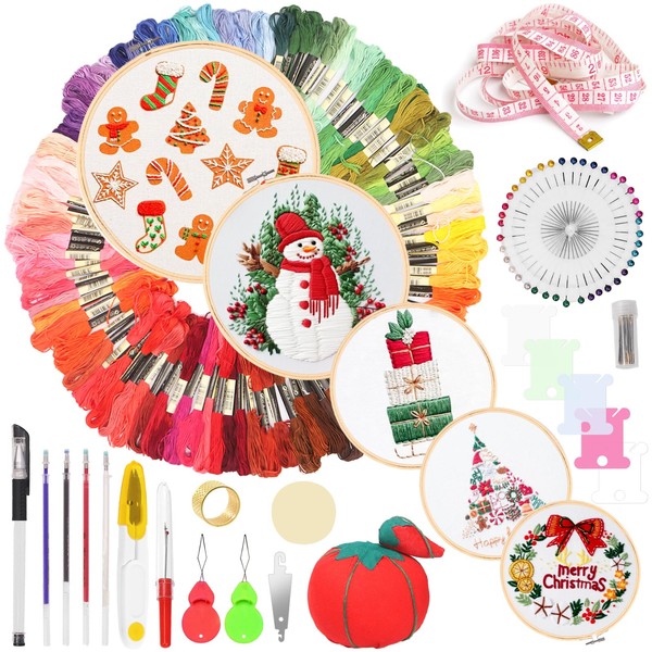 Swpeet 212Pcs Embroidery Kit, Stitch Kits Include 100 Colors Threads,