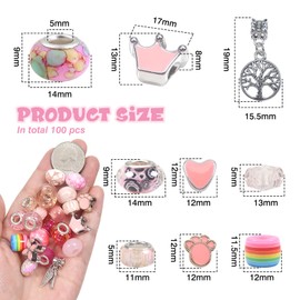 Toaob Pack of 100 European Beads 50 Styles Pink Large Hole Rhinestone Charms Spacer Beads for DIY Crafts Bracelets Necklaces Jewellery Making