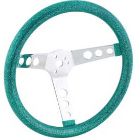 Speedway Motors 13 Inch Green Metalflake 60s Style Steering Wheel Chrome Three Spoke Design 3.5 Inch Dish Universal Fit with Horn Button Classic Custom Interior
