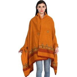 Exotic India Shawl from Kutch with Central Embroidered Chakra and Mirrors - Pure Wool (Apricot Buff)