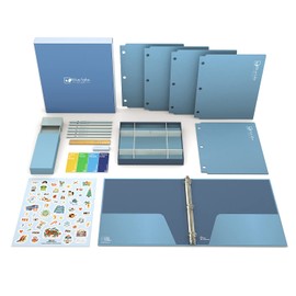 Blue Lake ECOLIFE School Offiice Supplies Kit Bundle Plastic Free 22 Piece 3-Ring Binder, Folders, Pencils, Pencil Box Organizer Tray, Gifts for K-12, College Students, and Office