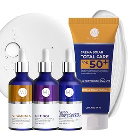 MIST JEWEL Kit Facial Completo Protector Solar FPS50 + 3 Sérums (Vitamina C, Ácido Hialurónico, Retinol) | Rutina Antiedad, Antimanchas e Hidratación 