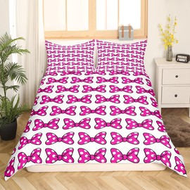Bowknot Kids Duvet Cover Set Full Size,White Dots Bow-tie Cartoon Bedding Set,Children Girls Women Room Decor,Princess Style Dreamy Comforter Cover,Rose Pink Romantic Quilt Cover,2 Pillowcases