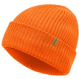 Pristis Fishing Winter Beanie Hat, Unisex Slouchy Warm Soft Skull Cap with Thick Lining & Double-Layer Tight Kniting, Cozy Streatchy Classic Striped Cuffed Plain Wool Watch Hat for Men Women, Orange