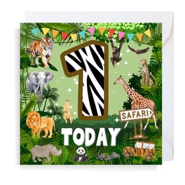 Second Ave Safari Jungle Animal 1st Birthday Age 1 Square Children's Kids Birthday Greeting Card for Boy or Girl