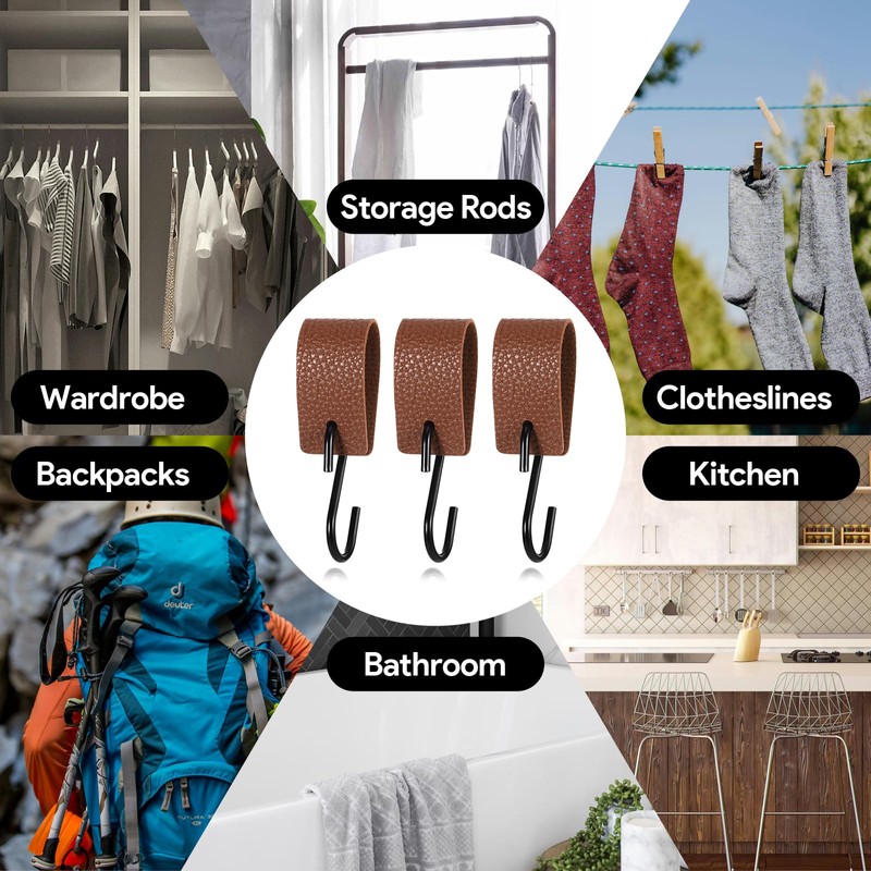 ROOMHUAWAY Pack of 6 S Hooks with Leather Loop, Clothes