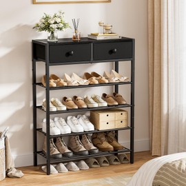 UNITSTAGE Shoe Rack for Entryway, 5 Tier Shoe Organizer with 2 Non-Woven Drawers, Metal Storage Shoe Shelf for 16-20 Pairs of Shoes, with Wooden Top and Steel Frame, Shoe Stand for Closet Charcoal